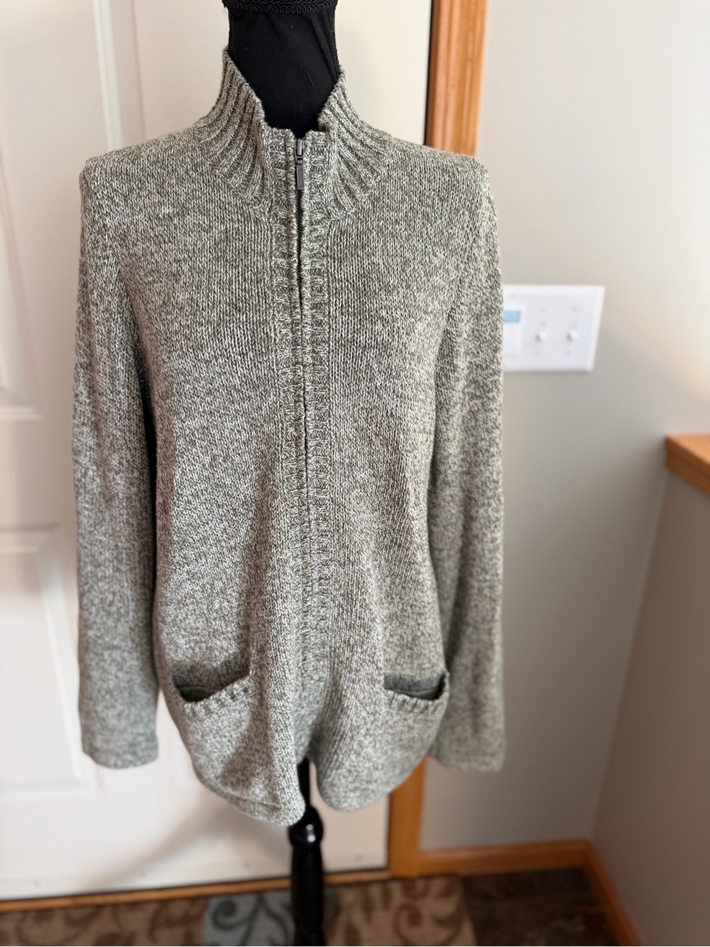 L.L. Bean green white marled 100% cotton full front zip cardigan sweater. Large